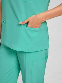 Scrubzie Scrub Uniform Set, Short Sleeve Top And Pants, Solid Color - Green - View 5