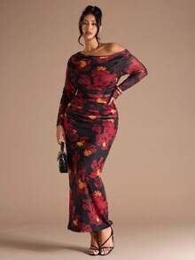 SHEIN BAE Plus Size Fall Elegant Sexy Women All Over Large Floral Mesh Print Asymmetrical Off The Shoulder Long Sleeve T-Shirt And Long Skirt Ladies Two Pieces Fairy Core Suit - Red - View 6