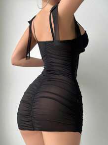 SHEIN 4pcs Set: Romantic Mesh Ruched Sexy Slim Nightgown + G-String + 1 Pair Of Stockings For Going Out, Baddie Look - Black - View 2