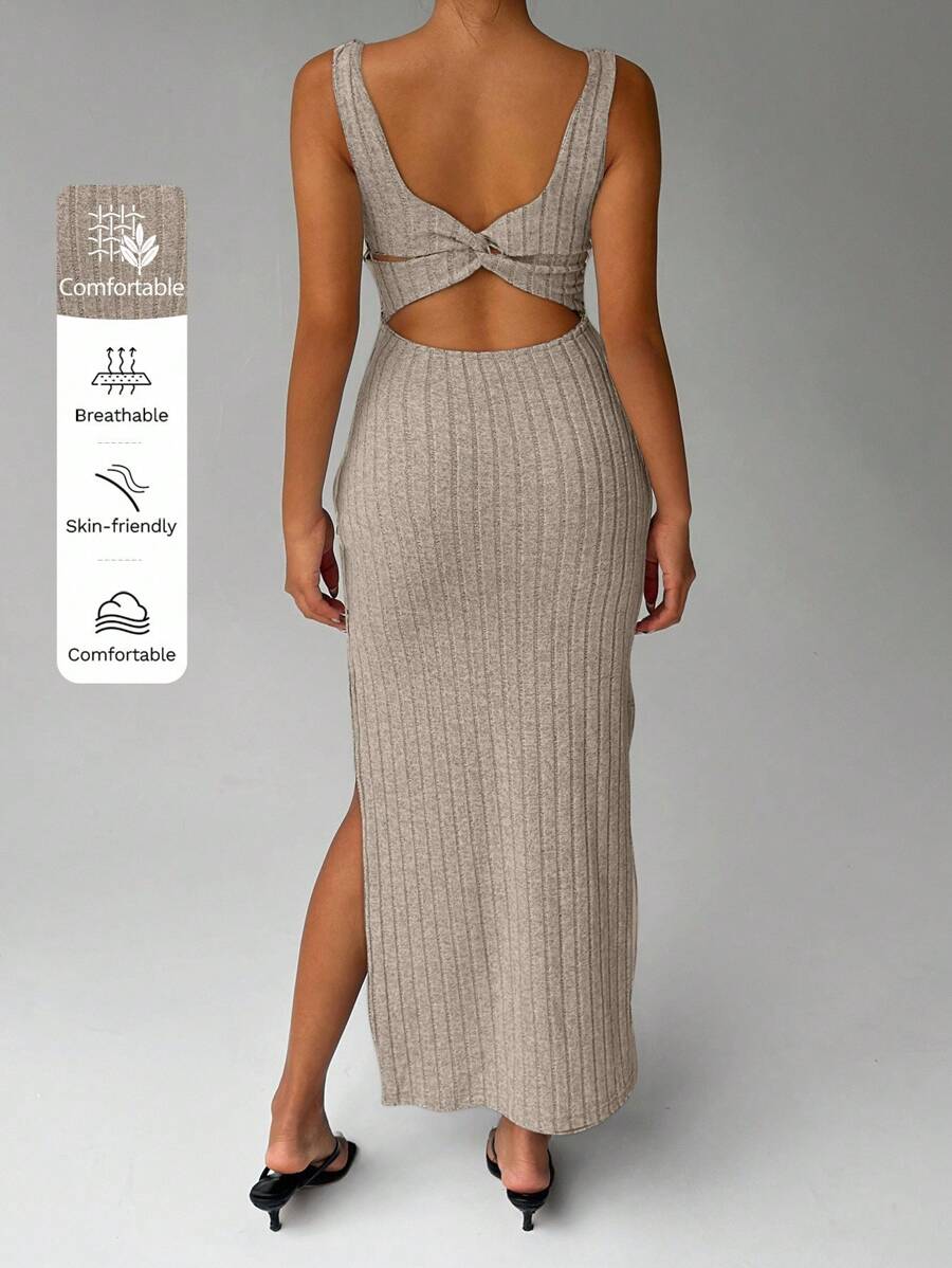 FavEase Đầm Maxi Không Tay Thường Ngày Màu Trơn Khoét Hở Lưng Xẻ Bên Hông Cho Nữ - Màu Khaki - Xem 1