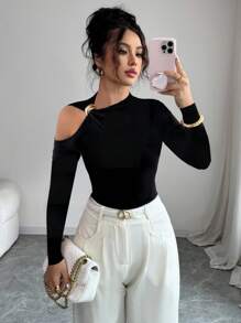 Elenzga 女式纯色金属装饰镂空肩部长袖修身T恤 - 黑色 - 查看 6