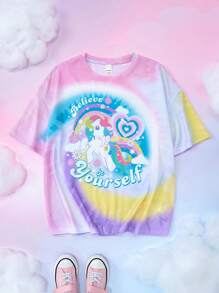 My Little Pony X SHEIN Tween Girl Tie-Dye & Cartoon Graphic Round Neck Short Sleeve T-Shirt - Multicolor - View 1