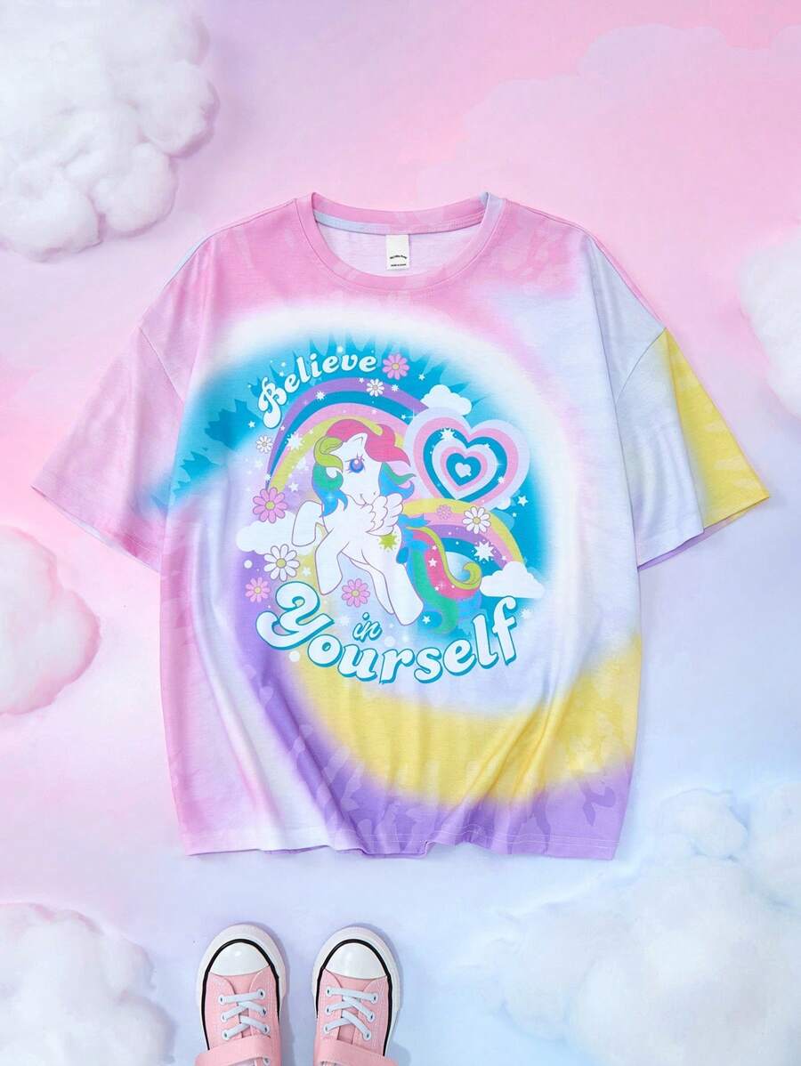 My Little Pony X SHEIN Tween Girl Tie-Dye & Cartoon Graphic Round Neck Short Sleeve T-Shirt - Multicolor - View 1