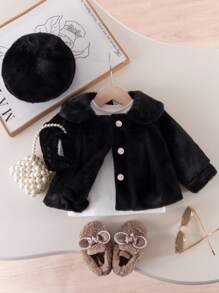 SHEIN Baby Girl Elegant & Cute Thin Cardigan With Beret Hat, Autumn Fall Winter - Black - View 7