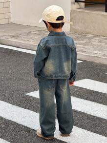 SHEIN 2pcs/Set Young Boy Fall/Winter Vintage Urban Street Cool Style Vintage Distressed Casual Basic Everyday Style Blue Denim Lapel Long Sleeve Loose Fit Jacket And Baggy Jeans Set,For Kids Fall/Winter Clothes,Boys Back-To-School Clothes,Boys Streetwear Outfits,Boys Homecoming Outfits,Boys Halloween Outfits,Toddler Boys Denim Two-Piece Set - Dark Wash - View 3