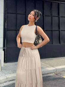 SHEIN EZwear 女式纯色短款背心和荷叶边下摆中长裙休闲两件套，夏季 - 卡其色 - 查看 4