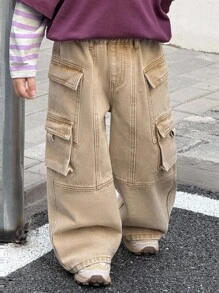 SHEIN Young Boys Fall/Winter Vintage Urban Street Cool Style Vintage Distressed Casual Basic Everyday Style Khaki Denim Multiple Pockets Split Design Loose Fit Cargo Pants,For Kids Fall/Winter Clothes,Boys Back-To-School Clothes,Boys Streetwear Outfits,Boys Homecoming Outfits