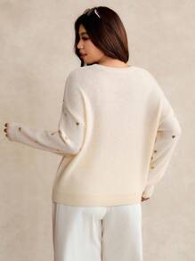 Elaquor Maglione casual oversize da donna con motivo a cuori, collo rotondo, maniche a giro, maniche lunghe, adatto per l'autunno/inverno - Albicocca - Visualizzare 2