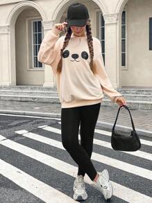 SHEIN Leap Crew Teen Girls Panda Print Drop Shoulder Pullover & Leggings - Apricot - View 5