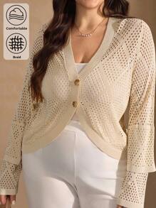 SHEIN Clasi Plus Size Women Knitted Cardigan, Short Style, Long Sleeve, Diamond Pattern, Versatile, Beige Color, Autumn Plus Size Summer Cardigan Plus Size Knitted Cardigan - Khaki - View 6