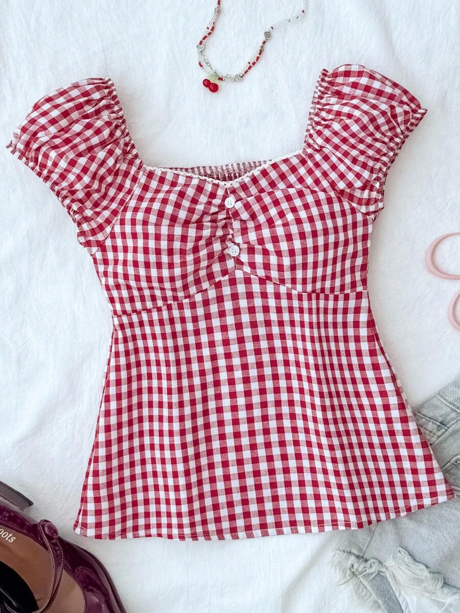 SHEIN Tween Girl Casual Minimalist Comfortable Plaid Back Strap Shirt