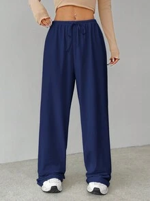 SHEIN Tall Soft Home Baggy Pants, Loose Pant Navy Blue Pants,Fall - Navy Blue - View 3