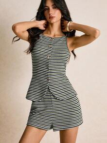 Poéselle Conjunto de 2 piezas elegante de chaleco de mujer de una sola hilera a rayas y shorts