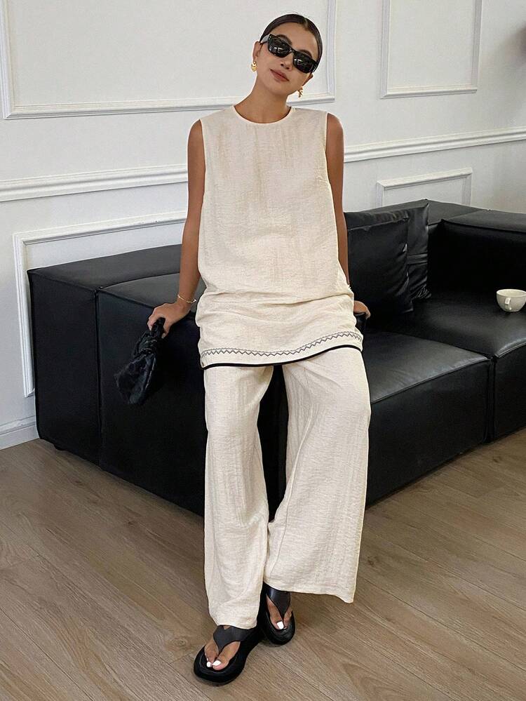 Women's Round Neck Sleeveless Top And Wide Leg Loose Pants 2 Pieces Set