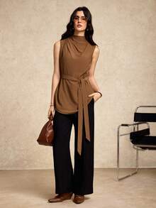 House of One Mock Beck Ruched Sleeves Top With Self Belt Tie Women Casual Summer Autumn Wear Brown Top Dark Brown Top Coffee Brown Top Chocolate Brown Top Top With Belt