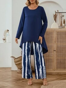 EMERY ROSE 2件套女式休闲前短后长上衣和印花裤套装