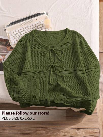 CosyJoli Plus Size Comfortable Casual Vacation Crochet Front Tie Loose Fit Women Apricot Cropped Long Sleeve Cardigan,Fall Clothes For Women Autumn,Slightly Sheer