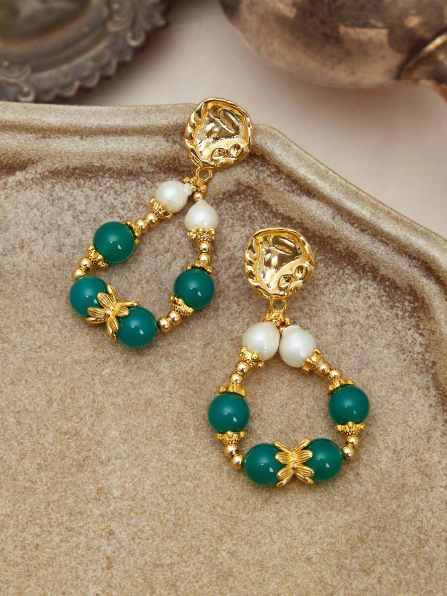 Glisma 18K Gold-Plated 1 Pair Cute, Luxury, Sexy Wedding/Holiday/Vacation/Camping Textured, Metallic, Pearl/Shell, Gemstone Decorated Vintage Beaded Pendant Earrings, Y2K/For Mom/Women/Girl, Suitable For Fall/Autumn/Winter/Festival/Holiday/Vacation/Old Money/Halloween - Multicolor - View 1