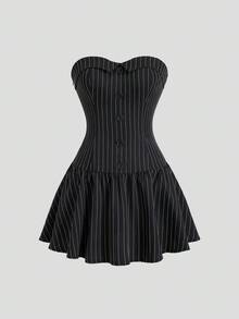 Sweetra Bộ đồ vest blazer dài tay mùa thu dành cho nữ và váy ngắn không tay kẻ sọc, trang phục công sở/thường ngày tối giản - màu đen - Xem 5