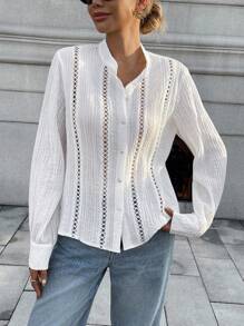 Chiquease 女士夏季服饰，法式优雅镂空蕾丝拼布时尚衬衫 - 白色 - 查看 6