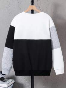 Vacaura 1 件青少年休闲拼色圆领长袖运动衫，时尚日常休闲和通勤穿着