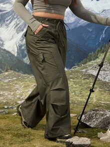 SHEIN Essnce 大码女式抽绳腰带口袋阔腿宽松休闲牛仔裤 - 軍綠色 - 查看 4