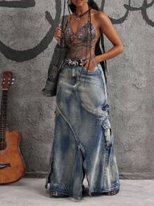 Jeanoix Chân váy Maxi denim cỡ lớn có túi tiện dụng dành cho nữ - Màu xanh lam - Xem 5