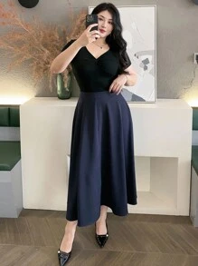 Dazy Plus 大码女式优雅A字长款休闲裙，纯色，四季秋季裙子 - 寶藍色 - 查看 7