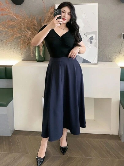 Dazy Plus 大码女式优雅A字长款休闲裙，纯色，四季秋季裙子