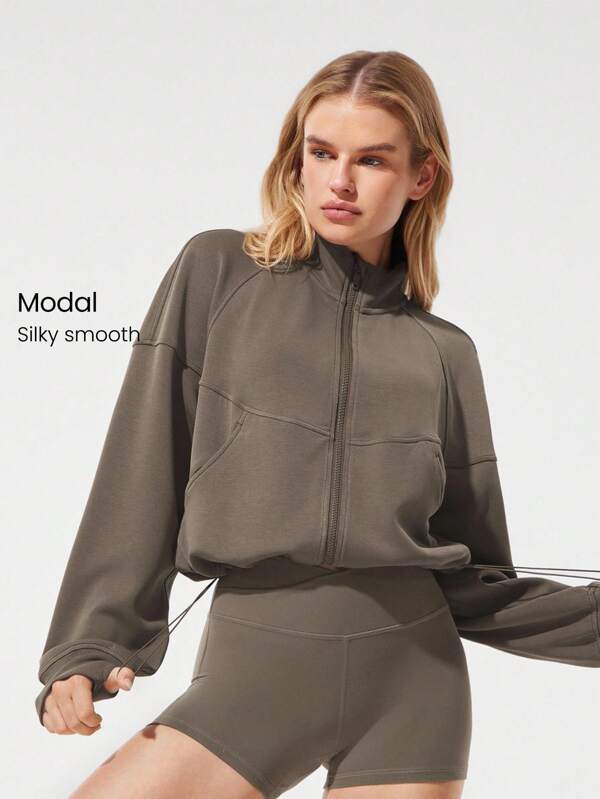 GLOWMODE Softserene Modal Cool Comfort Silky Smooth Breathable Contoured Seams Stand-Up Collar Drawstring Waist Big Pockets Thumbholes Waist Length Zip-Up Jacket Daily Casual Wear