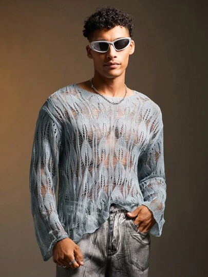 FeverCity Men's Fashionable Sexy Solid Color Hollow-Out Knit Sweater, Fall, Winter, Long Sleeve Top