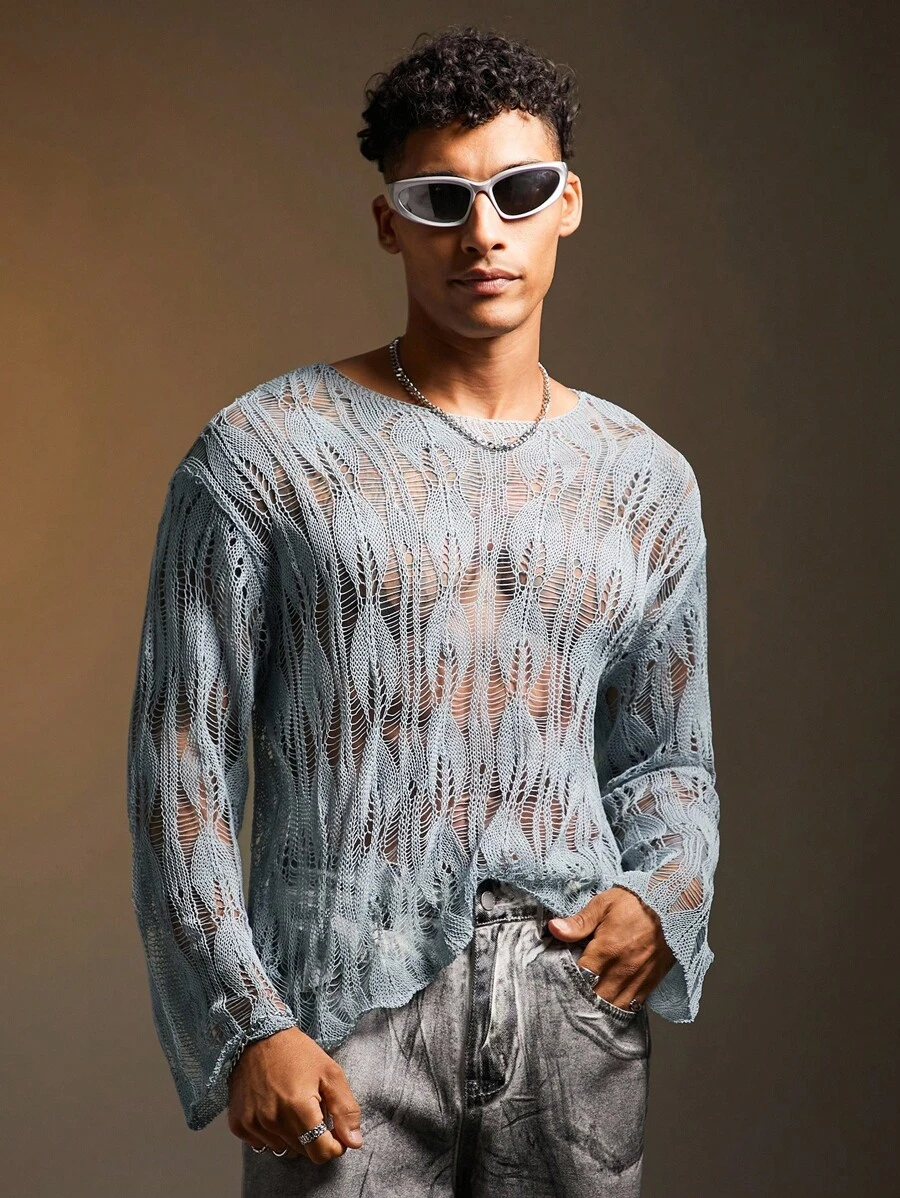 FeverCity Áo len dệt kim khoét lỗ màu trơn thời trang gợi cảm dành cho nam, mùa thu đông, áo dài tay - Màu xanh lam - Xem 1