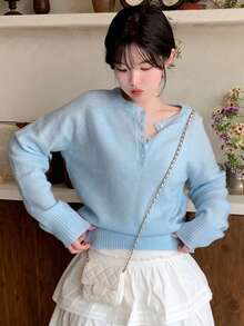 DAZY Henley Neck Lightweight Basic Long Sleeve Knit Sweater Top Fall - Blue - View 5