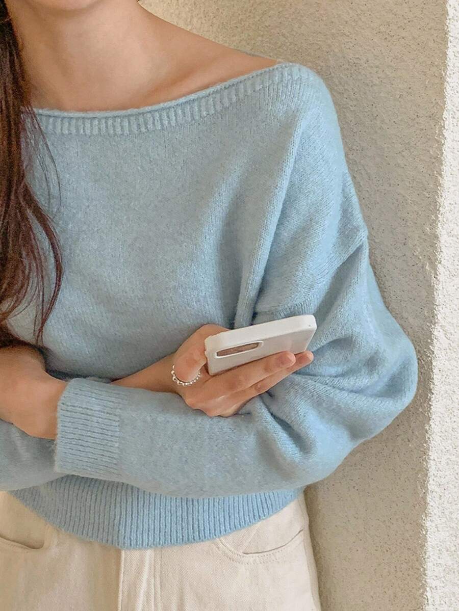 DAZY Áo len mỏng trễ vai màu trơn thu đông - Màu xanh lam - Xem 1