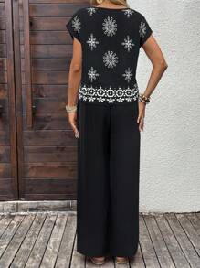 EMERY ROSE Damen Urlaubs-Lässig Geometrisches Muster Top und Hose 2 Stücke Set