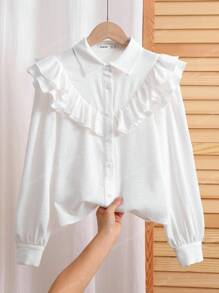 SHEIN Tween 女童休闲纯色荷叶边纽扣长袖衬衫，适合学院风返校日常穿着 - 白色 - 查看 5