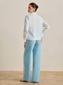 SHEIN LUNE 2 件花卉印花度假休闲衬衫和裤子套装 - 藍色 - 查看 2
