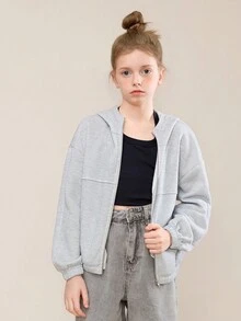 Tween Girl Baggy Casual Hooded Zip-Up Vintage Long Sleeve Sweatshirt, Suitable For Winter, Autumn, Halloween Fall - Light Grey - View 3