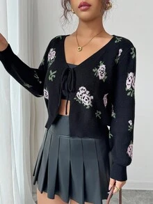 Modelyn 女士优雅花卉提花系带短款开衫 - 黑色 - 查看 1