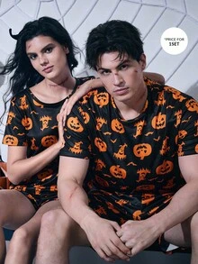 CoupledUp Halloween Pumpkin Print Short Sleeve Shorts Men Pajama Set - Multicolor - View 1