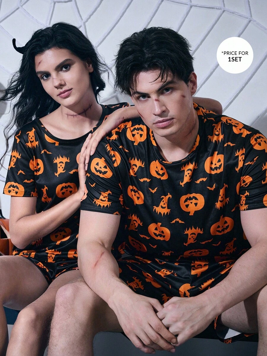 CoupledUp Halloween Pumpkin Print Short Sleeve Shorts Men Pajama Set - Multicolor - View 1
