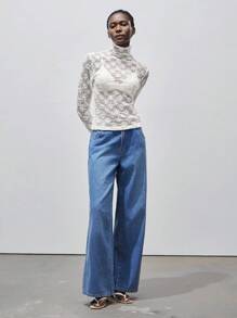 SHEIN Unity Halloween Women's Stand Collar Knitted Hollow See-Through Textured Lace Slim Fit Elegant Long Sleeve Top - White - View 3