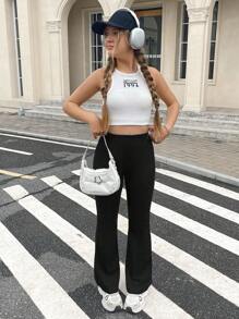 SHEIN Teen Girls Solid Flare Leg Trousers - Black - View 6