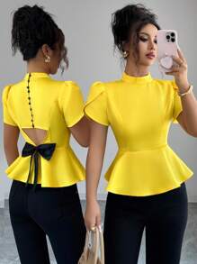 Elenzga 女式夏季露背蝴蝶结花卉装饰短袖时尚衬衫 - 黃色 - 查看 1