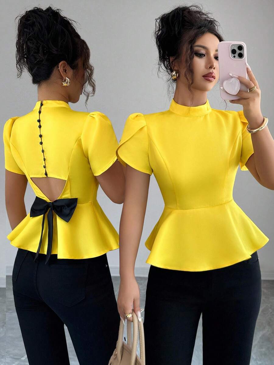 Elenzga 女式夏季露背蝴蝶结花卉装饰短袖时尚衬衫 - 黃色 - 查看 1