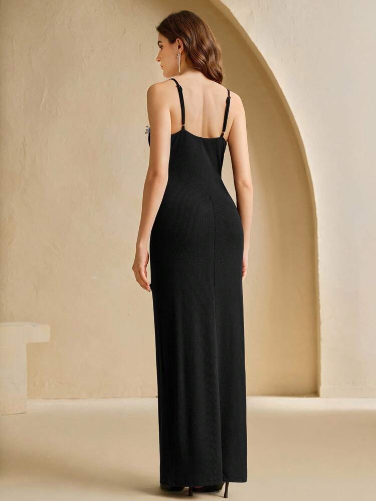 Women's Autumn French Luxury Handcrafted Fitted Sleeveless Black Slip Dress