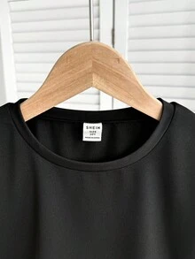 SHEIN Áo thun Raglan tay ngắn cổ tròn rộng rãi màu trơn đơn giản dành cho bé gái tuổi mới lớn - màu đen - Xem 4