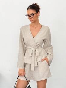 SHEIN Tall 女款純色極簡V領長袖上衣與短褲兩件套，適合高個女性 - 杏色 - 查看 5