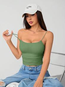 SHEIN PETITE 女士白色紧身圆领透气基本款吊带背心女士上衣无胸罩背心 - 綠色 - 查看 4