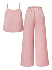 SHEIN Tween Girls' Casual Sweet Textured Crinkle Fabric Drawstring Sleeveless Top & Wide Leg Pants 2 Pieces Set, Suitable For Daily, Commute, Holiday, Sisterhood Street Style, Spring/Summer